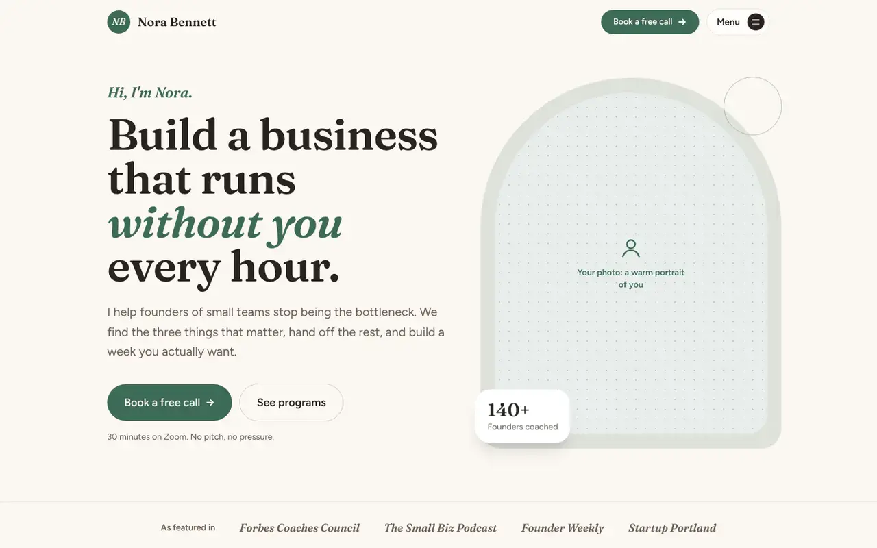 The Coaches & consultants template home page, shown with Nora Bennett Coaching, a sample business