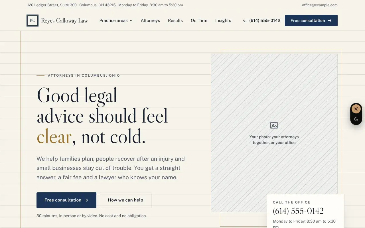 The Law firms & attorneys template home page, shown with Reyes Calloway Law, a sample business
