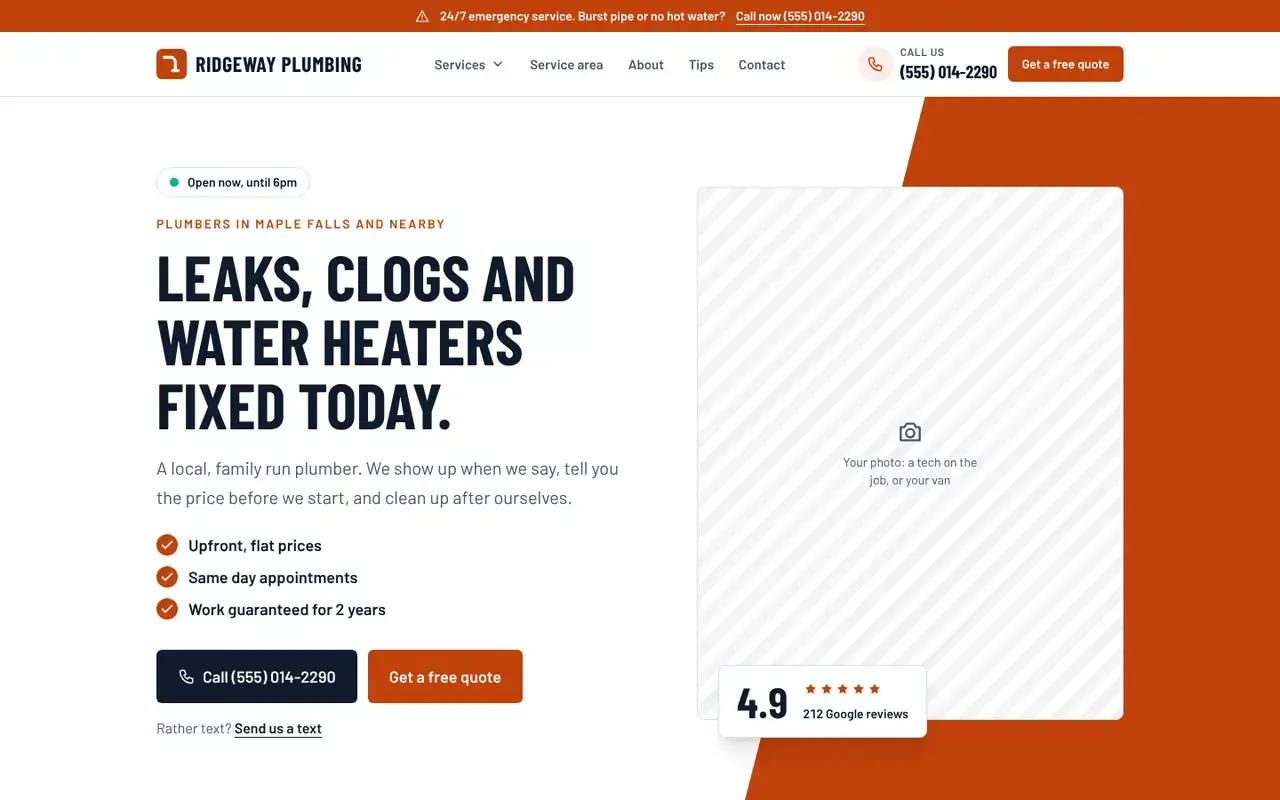 The Trades & home services template home page, shown with Ridgeway Plumbing, a sample business