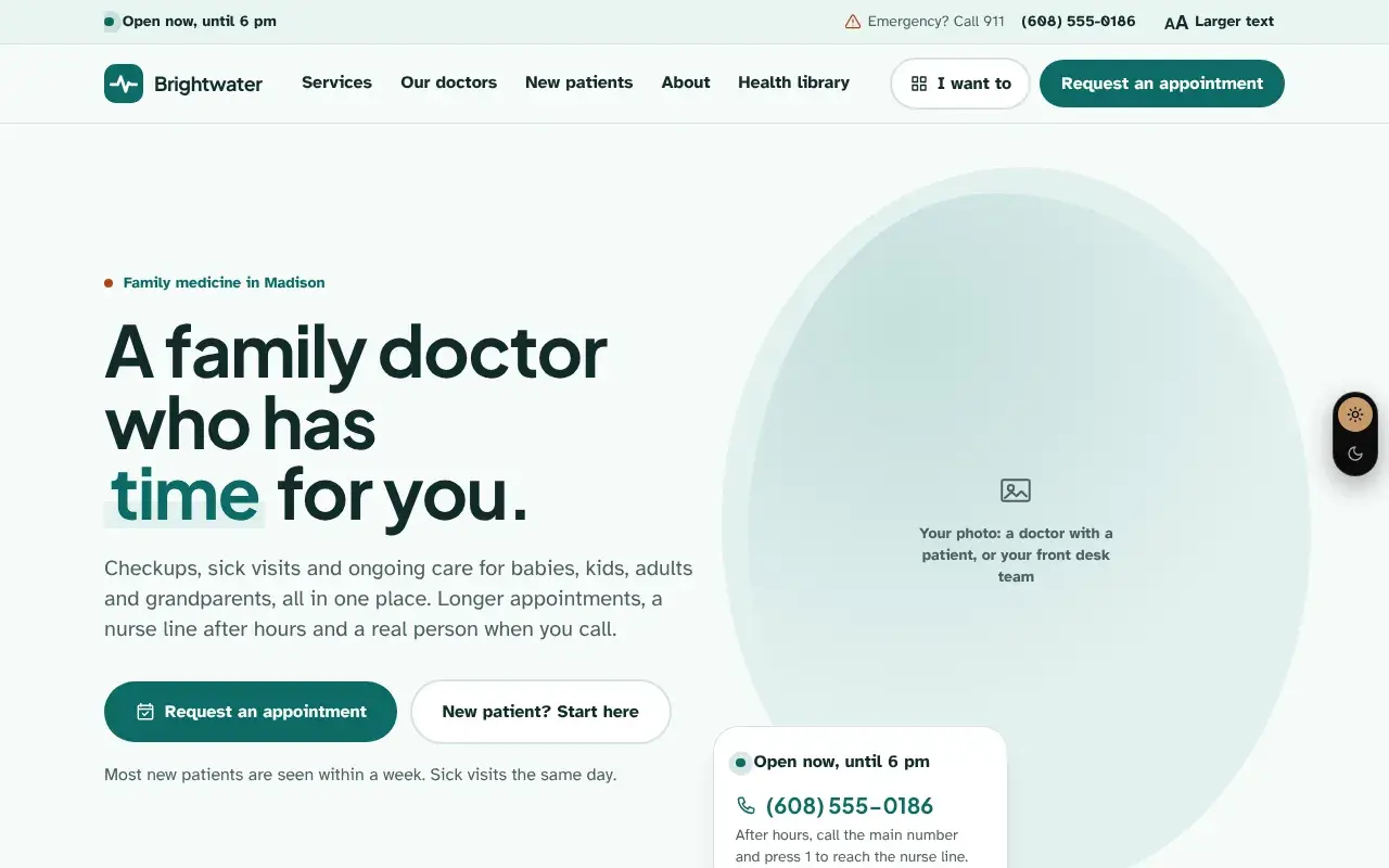 The Clinics & medical practices template home page, shown with Brightwater Family Medicine, a sample business