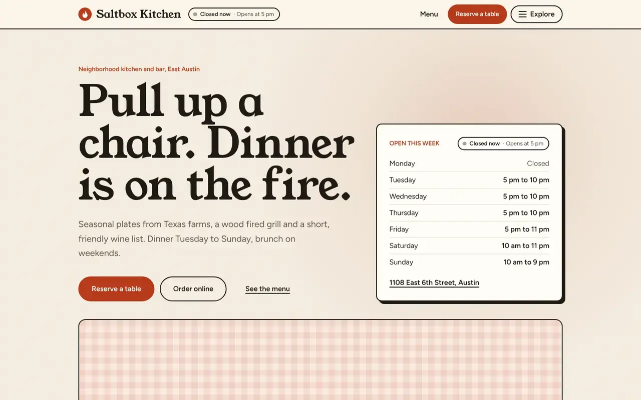 The Restaurants & cafes template home page, shown with Saltbox Kitchen, a sample business