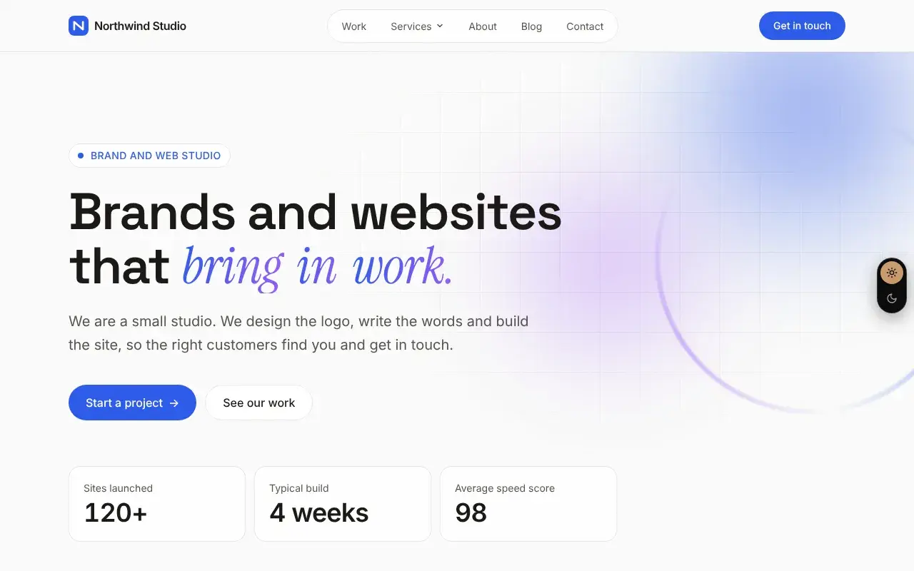 The Agencies & creative studios template home page, shown with Northwind Studio, a sample business