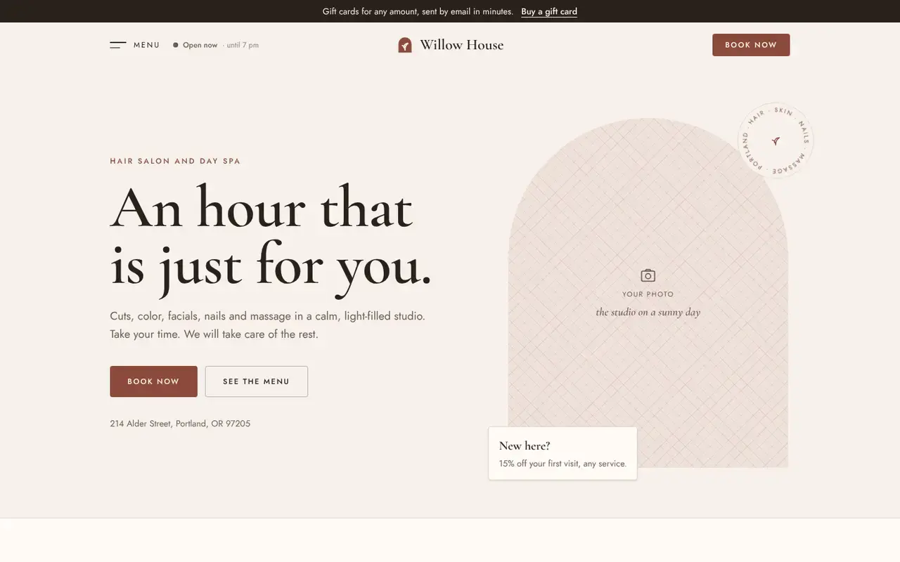 The Salons, spas & studios template home page, shown with Willow House, a sample business
