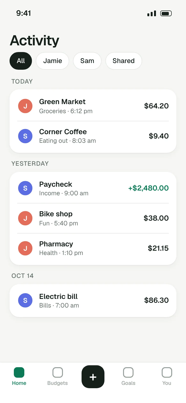 Activity list grouped by day with filters for All, Jamie, Sam and Shared