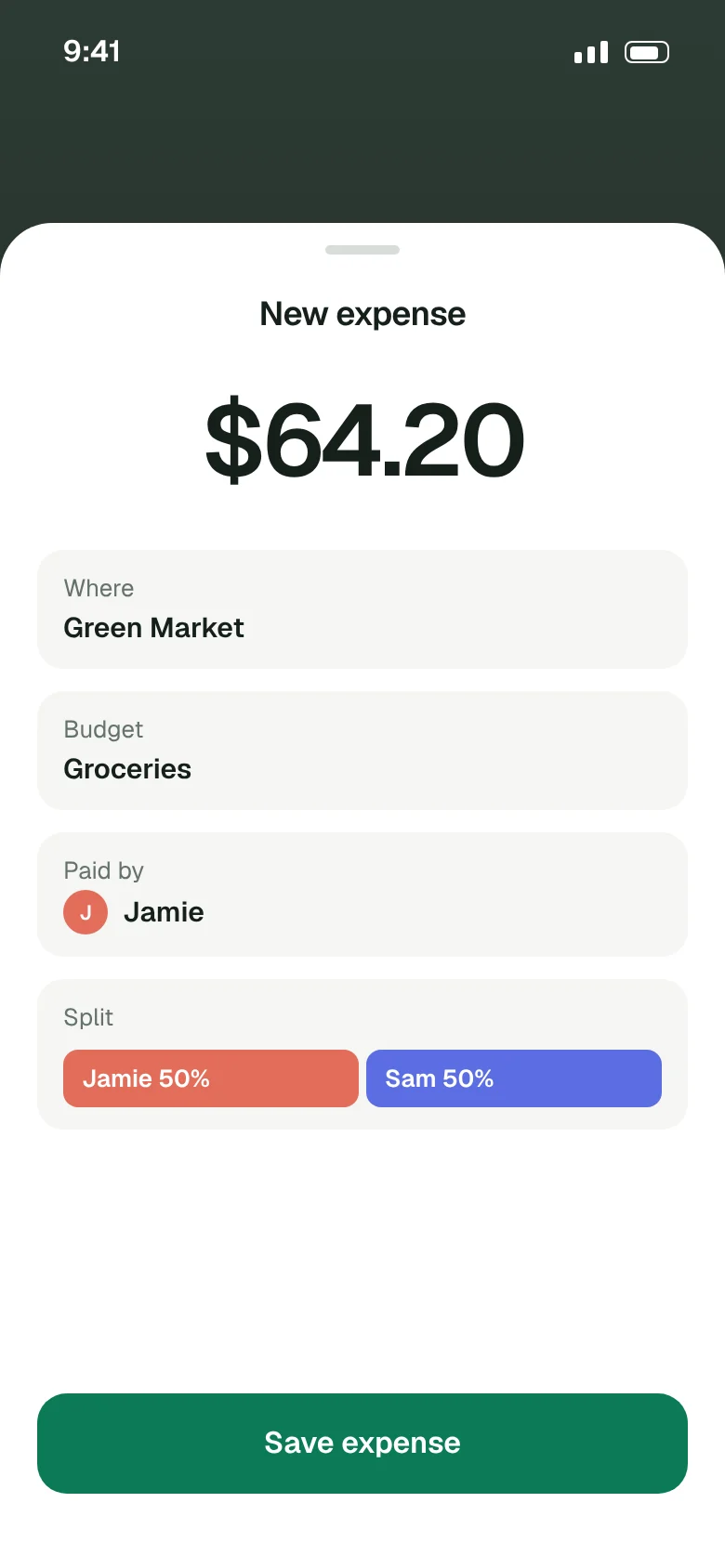 New expense sheet for $64.20 at Green Market, paid by Jamie and split 50/50