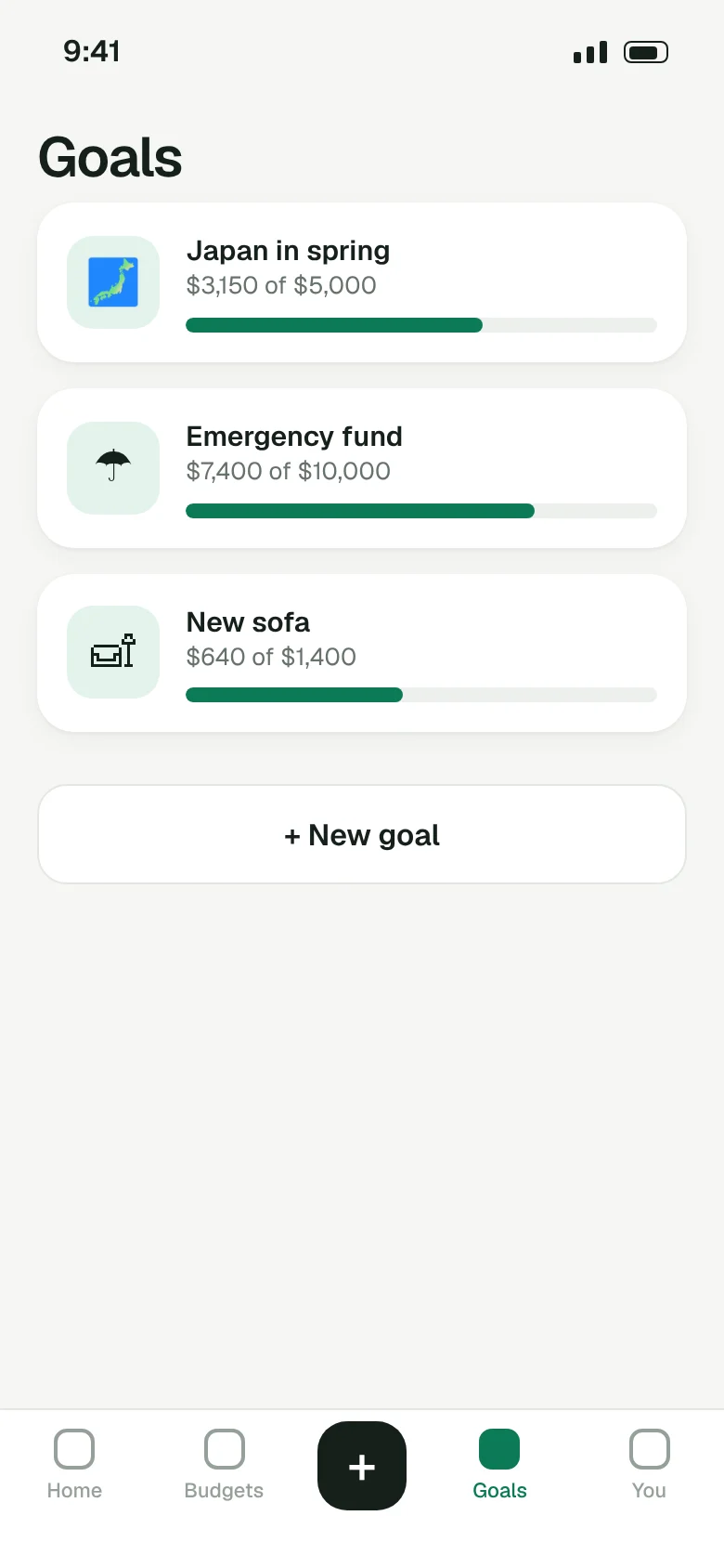Three savings goals with progress bars: a trip to Japan, an emergency fund and a new sofa