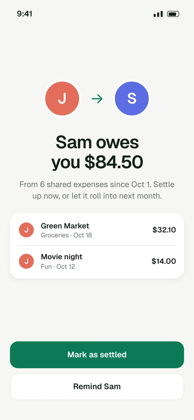 Settle up screen saying Sam owes you $84.50 from six shared expenses, with buttons to mark it settled or send a reminder