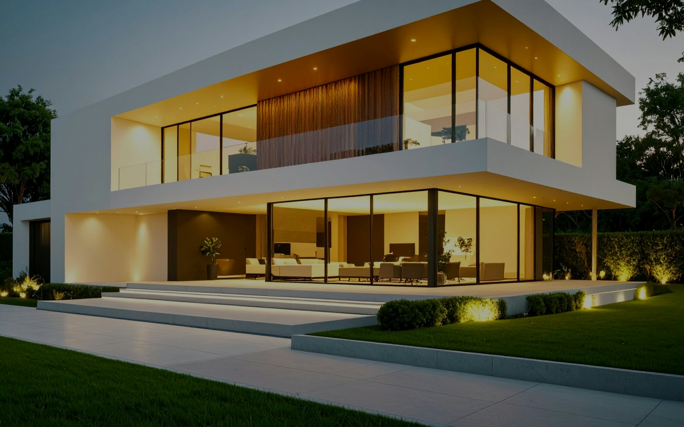 A modern two storey house at dusk, its glass walls lit warm from inside