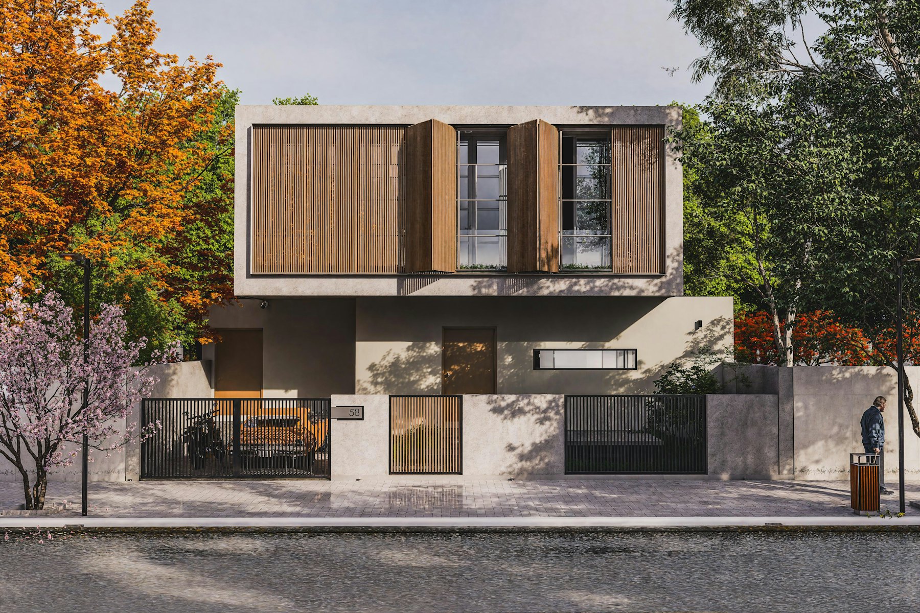 A two storey modern house with a cedar slat screen across the upper floor