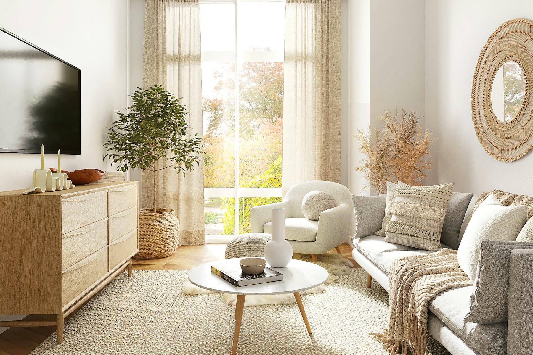 A soft white living room with a round coffee table and sheer curtains in morning light