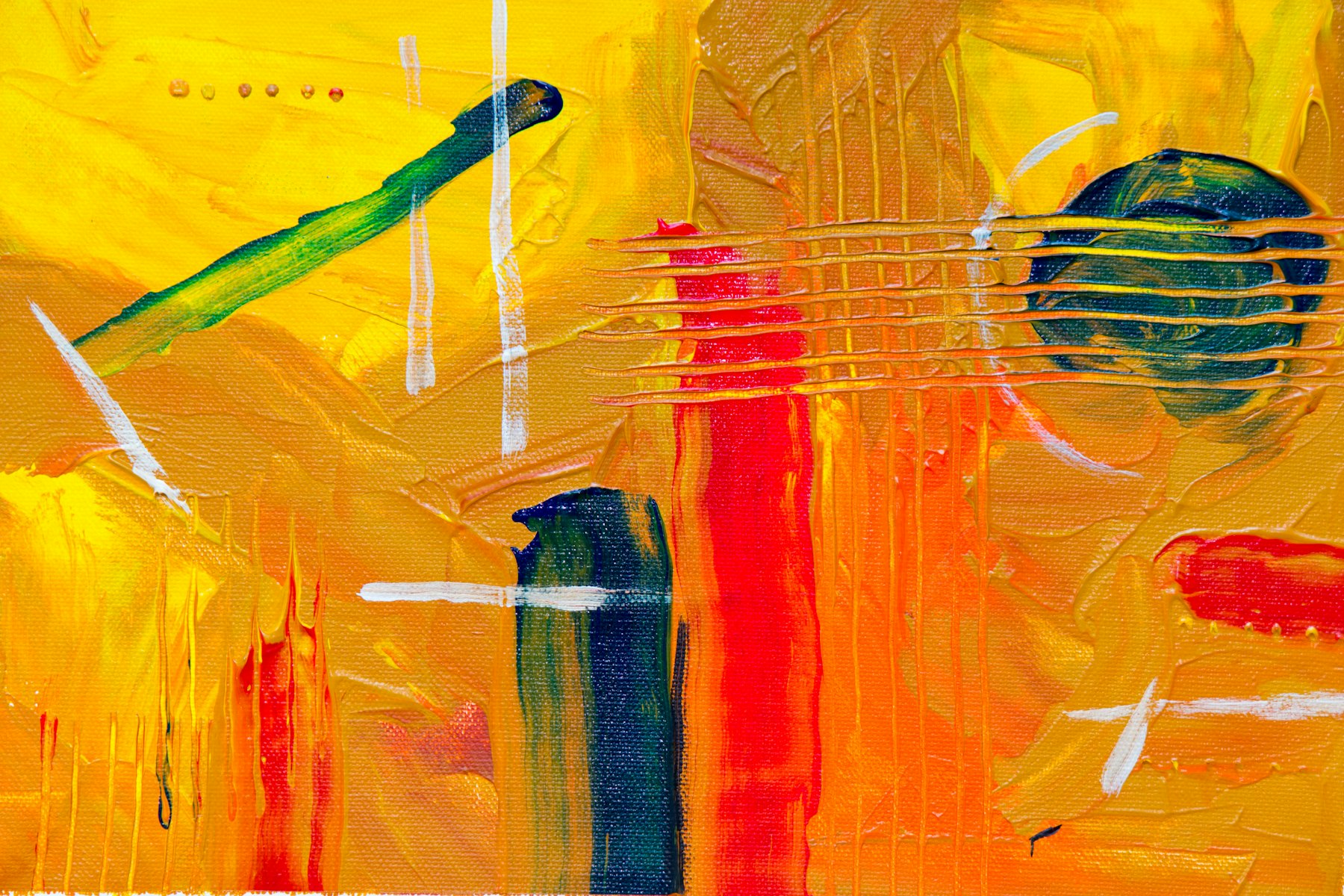An abstract painting in red, yellow and blue