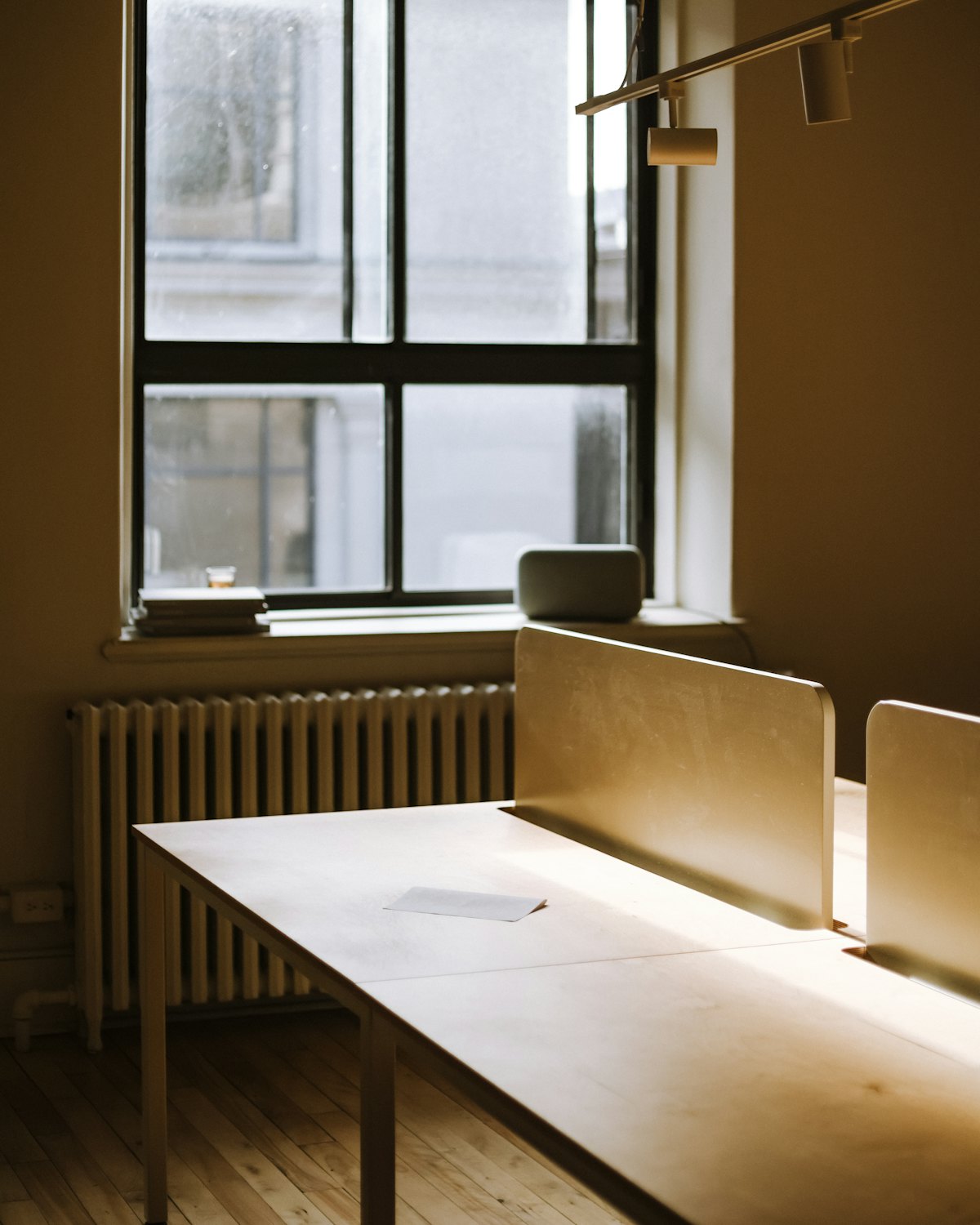An empty office at sunset